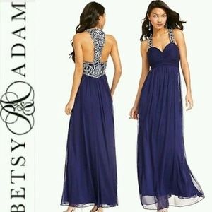 Betsy & Adam Pleated Jewel Beaded Gown